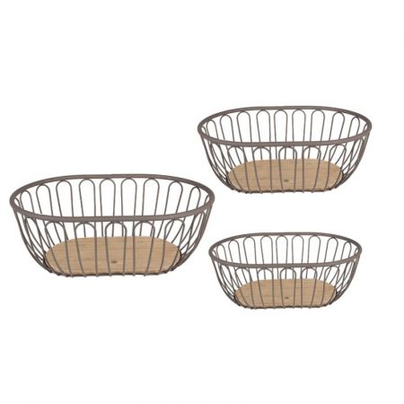 Clayre & Eef Körbe 3er-Set 33x23x12 cm Grau Braun Metall Holz Oval Korb