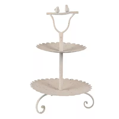 Clayre & Eef 2-stöckige Etagere Ø 32x51 cm Beige Eisen Vögel Rund