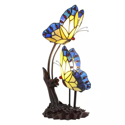 Clayre & Eef Tiffany Tischlampe 24x17x47 cm  Blau Gelb Glas Kunststoff Schmetterlinge Schreibtischlampe Tiffany