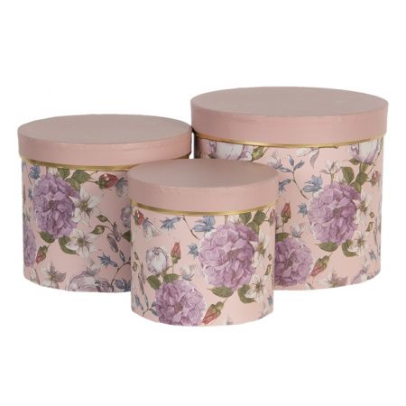 Clayre & Eef Aufbewahrungskiste Ø 20x17 / Ø 17x15 / Ø 14x13 cm Rosa Pappe Blumen