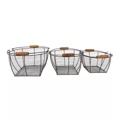 Clayre & Eef Aufbewahrungskörbe 3er Set 35x26x14 cm Braun Metall Holz Korb