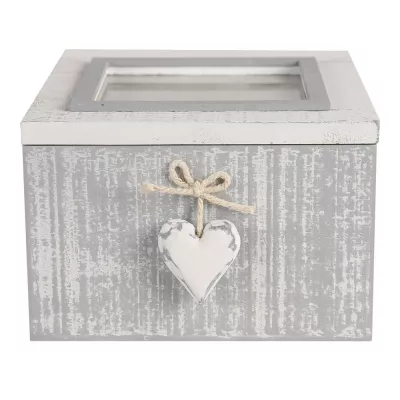 Clayre & Eef Aufbewahrungskorb 14x14x9 cm Grau Weiß Holz Glas Herzen