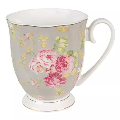 Clayre & Eef Becher 290 ml Grün Weiß Porzellan Blumen Rund Kaffeebecher