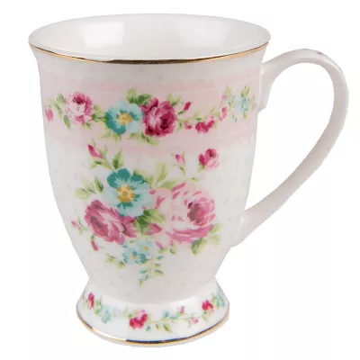 Clayre & Eef Becher 296 ml Weiß Rosa Porzellan Blumen Tasse Kaffeetasse