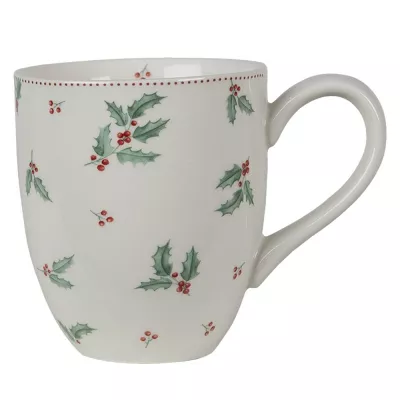 Clayre & Eef Becher 300 ml Beige Grün Keramik Stechpalmenblätter Rund Kaffeebecher