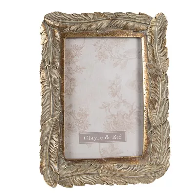 Clayre & Eef Bilderrahmen 10x15 cm Goldfarbig Kunststoff Glas Federn Rechteckig Bilder Rahmen Fotorahmen