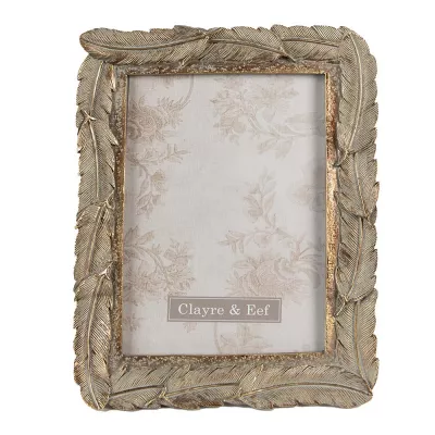 Clayre & Eef Bilderrahmen 13x18 cm Goldfarbig Kunststoff Glas Federn Rechteckig Bilder Rahmen Fotorahmen