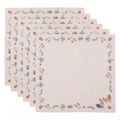 Clayre & Eef CAR43 Servietten Baumwolle 6er Set 40x40 cm Beige Blau Baumwolle Huhn und Hahn Quadratisch