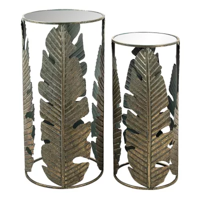Clayre & Eef Couchtisch 2er Set Kupferfarbig Metall Glas Blätter Rund Beistelltisch