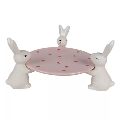 Clayre & Eef Dekoration Schale 24x23x12 cm Rosa Weiß Keramik Kaninchen
