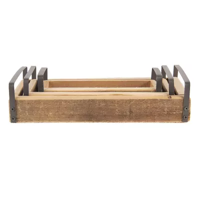 Clayre & Eef Dekoration Serviertablett 3er Set Braun Holz Zink Rechteck Servierplatte