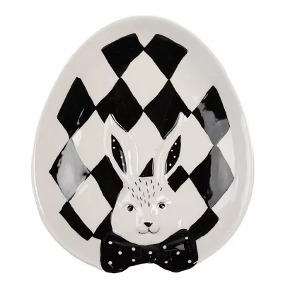 Clayre & Eef Frühstücksteller 21x18x4 cm Weiß Schwarz Porzellan Kaninchen Oval Teller