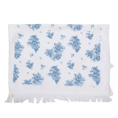 Clayre & Eef Gästehandtuch 40x66 cm Weiß Blau Baumwolle Rosen Rechteck Toiletten Handtuch