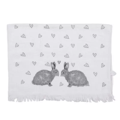 Clayre & Eef Gästehandtuch 40x66 cm Weiß Grau Baumwolle Kaninchen Toiletten Handtuch