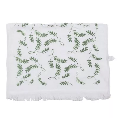 Clayre & Eef Gästehandtuch 40x66 cm Weiß Grün Baumwolle Zweigen Toiletten Handtuch
