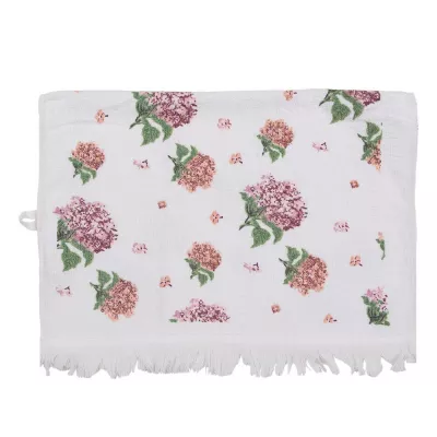 Clayre & Eef Gästehandtuch 40x66 cm Weiß Rosa Baumwolle Hortensie Toiletten Handtuch