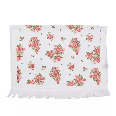 Clayre & Eef Gästehandtuch 40x66 cm Weiß Rosa Baumwolle Rosen Toiletten Handtuch