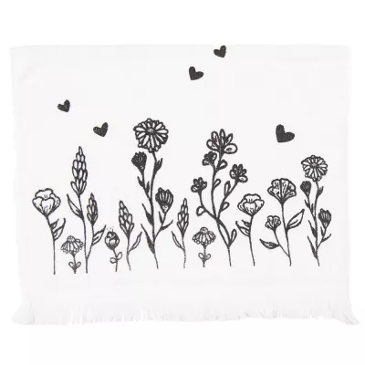 Clayre & Eef Gästehandtuch 40x66 cm Weiß Schwarz Baumwolle Blumen Rechteckig