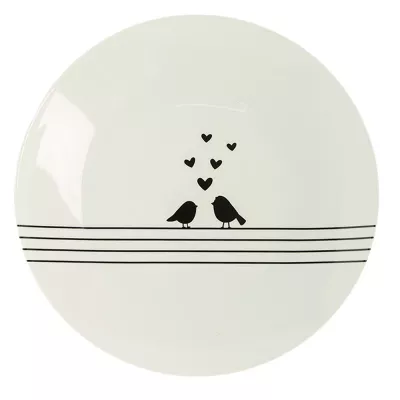 Clayre & Eef Geschirr Essteller Ø 26 cm Weiß Schwarz Porzellan Herzen Vögel Rund
