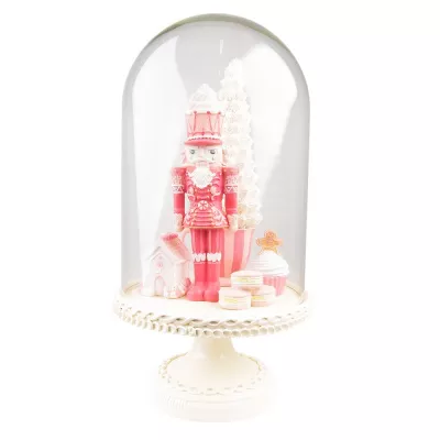 Clayre & Eef Glasglocke Nussknacker 41 cm Rosa Weiß Kunststoff Glas