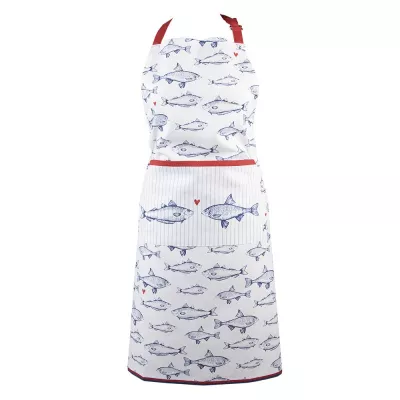 Clayre & Eef Grillschürze 70x85 cm Weiß Blau Baumwolle Fische