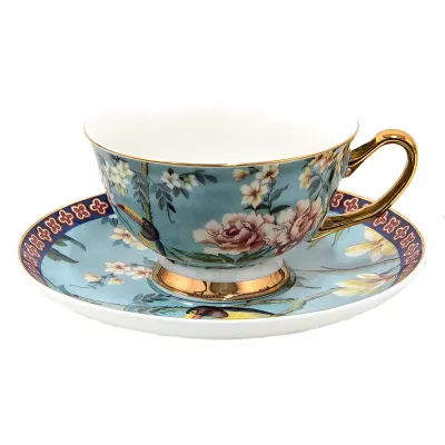 Clayre & Eef Kaffeetasse mit Unterteller 200 ml Blau Goldfarbig Porzellan Vögel Tasse mit Unterteller Kaffee