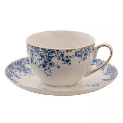 Clayre & Eef Kaffeetasse mit Unterteller 220 ml Blau Porzellan Blumen Tasse mit Unterteller Kaffee