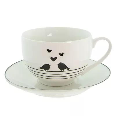 Clayre & Eef Kaffeetasse mit Unterteller 220 ml Weiß Schwarz Porzellan Herzen Vögel Tasse mit Unterteller Kaffee