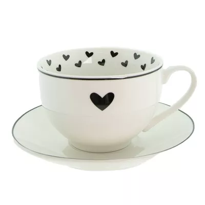 Clayre & Eef Kaffeetasse mit Unterteller 220 ml Weiß Schwarz Porzellan Herzen Tasse mit Unterteller Kaffee