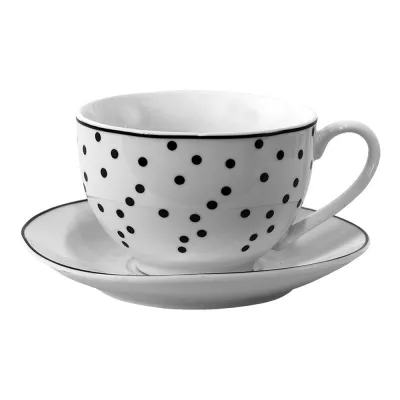 Clayre & Eef Kaffeetasse mit Unterteller 238 ml Weiß Schwarz Porzellan Tasse mit Unterteller Kaffee