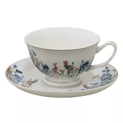 Clayre & Eef Kaffeetasse mit Unterteller 250 ml Weiß Porzellan Blumen Tasse mit Unterteller Kaffee