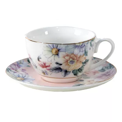 Clayre & Eef Kaffeetasse mit Unterteller 250 ml Weiß Porzellan Blumen Tasse mit Unterteller Kaffee