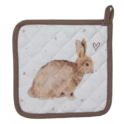 Clayre & Eef Kinder Topflappen 16x16 cm Weiß Braun Baumwolle Kaninchen Quadrat