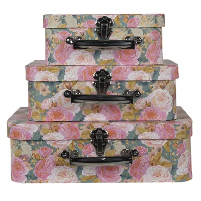 Clayre & Eef Koffer 3er Set 30x22x10 cm Rosa Pappe Blumen Aufbewahrungsbox Dekorativ Deko Accessoires