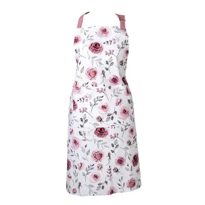 Clayre & Eef Küchenschürze 70x85 cm Weiß Rosa Baumwolle Rosen BBQ-Schürze
