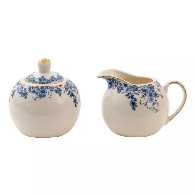 Clayre & Eef Milch und Zucker Set Blau Porzellan Blumen Milchkännchen