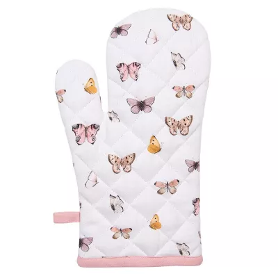Clayre & Eef Ofenhandschuh für Kinder 12x21 cm Beige Rosa Baumwolle Schmetterlinge Ofenhandschuh