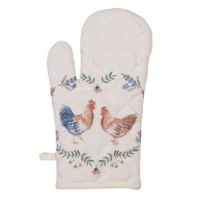 Clayre & Eef Ofenhandschuhe 18x30 cm Beige Blau Baumwolle Huhn und Hahn Ofenhandschuh