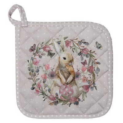 Clayre & Eef Ofenhandschuhe 20x20 cm Beige Grau Baumwolle Kaninchen Blumen Quadratisch
