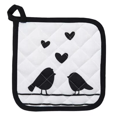 Clayre & Eef Ofenhandschuhe 20x20 cm Weiß Schwarz Baumwolle Herzen Vögel Quadratisch