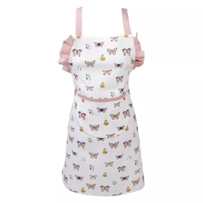 Clayre & Eef Schürze für Kinder 48x56 cm Beige Rosa Baumwolle Schmetterlinge BBQ-Schürze