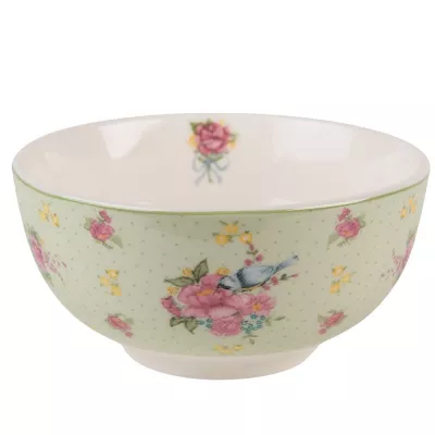 Clayre & Eef Servier Schale 500 ml Grün Beige Porzellan Blumen Rund Schüssel