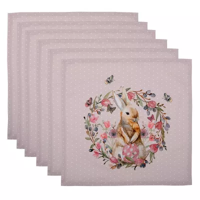 Clayre & Eef Servietten Baumwolle 6er Set 40x40 cm Beige Rosa Baumwolle Kaninchen Blumen Quadrat Serviette Stoff