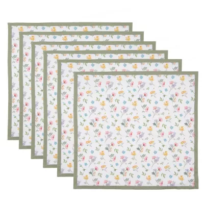 Clayre & Eef Servietten Baumwolle 6er Set 40x40 cm Weiß Grün Blumen Quadrat