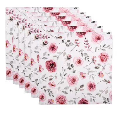 Clayre & Eef Servietten Baumwolle 6er Set 40x40 cm Weiß Rot Baumwolle Rosen Quadratisch