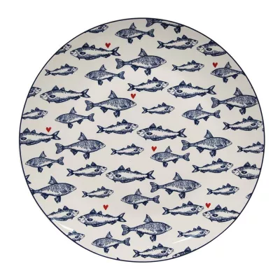 Clayre & Eef Speiseteller Ø 26 cm Weiß Blau Porzellan Fische Essteller