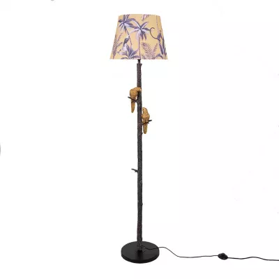 Clayre & Eef Stehlampe Ø 37x165 cm  Schwarz Goldfarbig Metall Textil Papageien Stehender Lampe