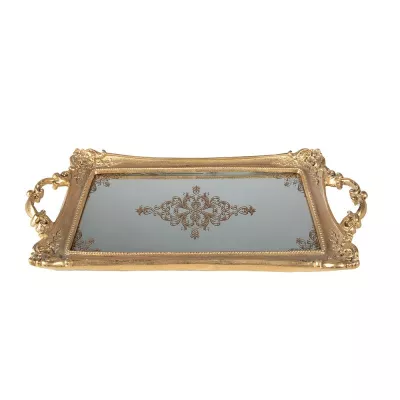 Clayre & Eef Tablett 40x20 cm Goldfarbig Kunststoff Glas Rechteckig Dekoratives Tablett