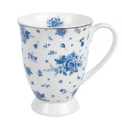 Clayre & Eef Tasse 300 ml Weiß Blau Porzellan Rosen Trinkbecher