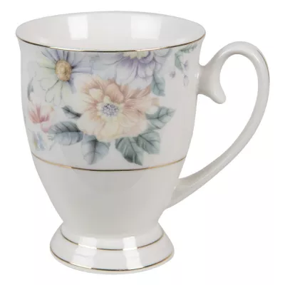 Clayre & Eef Tasse 300 ml Weiß Rosa Porzellan Blumen Rund Teetassen Teebecher